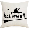 Halloween throw pillow cover with linen texture, witch hat, and bat prints on beige fabric - 45*45cm (No Insert) / Classic Halloween Elements Style (YMD179-2)