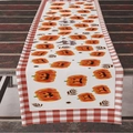 Halloween table runner with pumpkins and maple leaves featuring red checkered edges - ZQ04-15 (Pumpkin Mask/Red White Plaid Edge/Happy Halloween) / 33*183cm