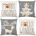 Set di 4 federe per cuscini natalizi in lino con stampe di renne e alberi minimal - 45*45cm (Inserto non incluso) / Tema Festivo Grigio Oro Minimalista (YMD95-10)