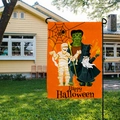 Drapeau de jardin Halloween avec fond orange et illustrations de monstres - Style Frankenstein Momie (QZ15-7) / 30*45cm