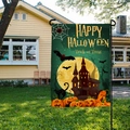Drapeau de jardin Happy Halloween avec lune et citrouilles sur bannière en lin - Style de Citrouille Lune Vert Foncé (QZ15-13) / 30*45cm