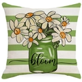 Linen pillowcase featuring green floral print with bloom vase on a striped background - 45cmx45cm(No Insert) / Daisy Vase (YMD241-2)