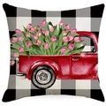 Buffalo plaid pillow cover with watercolor red truck and pink tulips for spring decor - Red Truck (YMD238-4) / 18x18 Inch