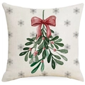 Housse de coussin de Noël en lin avec motif gui aquarelle et nœud rouge festif - 45x45cm / Style Noeud de Gui (YMD236-1)
