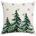 Housse de coussin en lin de Noël avec sapins à l'aquarelle et flocons sur fond blanc - 45x45cm / Style Pin de Forêt (YMD236-2)