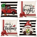 Set di quattro federe per cuscini natalizi in lino con camion rosso e motivi di Babbo Natale - 45*45cm (Inserto non incluso) / Camion Rosso Vintage e Benedizioni (YMD95-11)