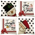 Set di 4 federe natalizie in lino con Babbo Natale, pupazzo di neve e scritte festive - 45*45cm (Inserto non incluso) / Pupazzo di Neve a Pois Rossi e Neri (YMD95-12)