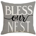 Funda de cojín de lino gris con diseño impreso BLESS our NEST para decoración - 45x45cm / Gris Estilo Letras BLESS (YMD244-2)