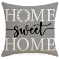Funda de cojín cuadrada de lino Home Sweet Home con corona de hojas y estampado floral - 45x45cm / Gris Estilo Letras HOME (YMD244-3)