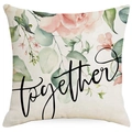Funda de cojín de lino con rosas rosas, hojas y el texto negro 'together' - 45x45cm / Blanco roto Floral Estilo Together (YMD244-1)