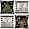 Set di quattro federe natalizie in lino con motivi invernali e scritte festive a tema - 45*45cm (Inserto non incluso) / Albero a Pois Neri e Bianchi e Renna (YMD95-15)