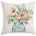 Funda de cojín de lino con flores acuarela en jarrón azul para decoración hogar - 45x45cm / Botella de Vidrio Azul Estilo Floral (YMD244-4)