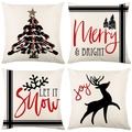 Set di 4 federe natalizie in lino con renne, neve e scritte augurali per le feste - 45*45cm (Inserto non incluso) / Albero di Natale in Arte Lineare Nero e Bianco (YMD95-16)