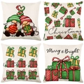 Set di quattro federe natalizie in lino con motivi di gnomi e regali festivi - 45*45cm (Inserto non incluso) / Gnomi Cartoon e Scatole Regalo (YMD95-17)