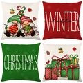Set di 4 federe natalizie in lino con gnomi e motivi decorativi festivi - 45*45cm (Inserto non incluso) / Gnomi Nordici e Benedizioni Festive (YMD95-18)