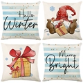 Set di 4 federe per cuscini in lino blu con stampe Hello Winter e Babbo Natale - 45*45cm (Inserto non incluso) / Tema Invernale a Righe Blu Chiaro (YMD95-20)