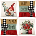 Set di 4 federe per cuscini natalizi in lino con gnomi e motivi scozzesi in bianco e nero - 45*45cm (Inserto non incluso) / Pigne Invernali e Fiocchi a Quadri (YMD95-22)