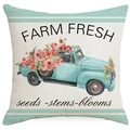Decoratieve kussensloop met bloemenwagen en roze rozen in een rustieke boerderijstijl - 45x45cm / Lichtblauwe Vintage Vrachtwagen Met Roze Bloemen (YMD261-1)