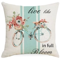 Kussensloop van katoen linnen met bloemenfiets patroon en mintgroene strepen - 45x45cm / Blauwe Fiets Met Bloeiende Bloemen (YMD261-3)