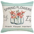 Kussensloop met lentebloemen en aquarelontwerp op linnenstof voor de bank - 45x45cm / Glazen Pot Bloemstuk Met Spring Flowers Tekst (YMD261-4)
