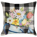 Funda de cojín con cuadros vichy y flores de primavera en acuarela decorativas - Patrón Floral Regadera (YMD259-1) / Solo funda