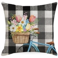 Funda de cojín con cuadros vichy en blanco y negro y bicicleta con flores acuarela - Patrón Floral Bicicleta (YMD259-2) / Solo funda