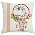 Bohemian kussensloop met roze bloemen, veren en Bless OUR HOME artistieke tekstprint - 45x45cm (Zonder Kussen) / Bless Our Home Stijl (YMD267-1)