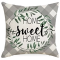 Funda de cojín de lino a cuadros con texto Home Sweet Home y corona de hojas verdes - 45x45CM Sin Núcleo de Almohada / Estilo de Guirnalda (YMD265-1)