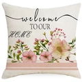 Kussensloop met bloemenprint, roze bloemen en Welcome To Our Home tekst ontwerp - 45x45cm (Zonder Kussen) / Welcome Stijl (YMD267-4)