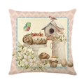 Rosa Oster-Kissenbezug mit Aquarell-Vogelhaus und Blumenmuster auf Baumwollleinen - 45cmx45cm(Ohne Füllung) / Rosa Pastorales Vogelhaus und Blumen Stil (YMD269-4)