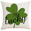 Linen Saint Patrick's Day pillow cover with green clover and lucky text on white background - Style 1-White Shamrock (YMD268-1)