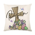 Oster-Kissenbezug aus Leinen mit rustikalem Kreuz, Blumen und Risen-Schriftzug - 45x45cm / Holzkreuz und Ostereier (YMD282-2)