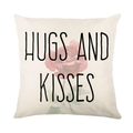 Linnen kussenhoes met Hugs and Kisses tekst en vintage rode roos print ontwerp - Roos Met HUGS AND KISSES Tekst