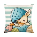 Easter linen pillow cover with blue plaid rabbit and colorful eggs print for spring decor - JYM266-1