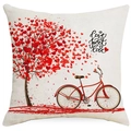 Linen Valentine's Day pillowcase with red heart tree and vintage bicycle print - Retro Bicycle Heart Tree Style (YMD271-4) / 45x45CM No Pillow Core