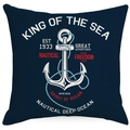 Navy blue linen nautical pillow cover with white anchor design and King of the Sea text - 45x45cm / Navy Rope Anchor (YMD272-4)