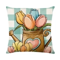 Easter linen pillowcase with blue plaid, tulips in a watering can, and spring floral print - JYM266-3