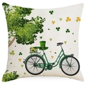 Federa in lino per San Patrizio con bicicletta verde e motivi di trifoglio - 45x45 cm