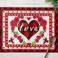 Tovaglietta di San Valentino con cuore a quadretti e motivo a rose su legno bianco - Cotone lino / Stile Rosa Cuore Cupido (CD15-3)