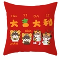 Detail of red Chinese New Year pillow cover featuring festive cartoon characters and text - Red Four Lucky Girls Style (CRS34-14)