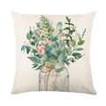 Funda de cojín de lino con flores de acuarela y plantas verdes en frasco de vidrio - Estilo Floral Eucalipto en Botella (YMD196-4)
