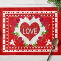 Set de table de Saint Valentin avec cœur rouge Love et Cupidon sur une table en bois - Coton et lin / Style Rouge Couronne Rose Cupidon (CD15-6)