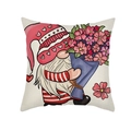Linnen kussensloop voor Valentijnsdag met schattige kabouter en roze bloemen decor - 45cmx45cm / Alleen hoes / Gestreepte Hoed Kabouter met Bloemen (YMD283-1)