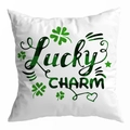Detailed close-up of Saint Patrick's Day peach skin pillow cover with Lucky Charm print - 18x18 Inch / Lucky Charm Plaid Letters Style (DRD344-15)