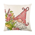 Linen pillow cover with cute gnome illustration holding colorful spring flowers - Gnome Holding Flowers Style (YMD196-10)