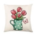 Linen pillow cover with floral tulip illustration and butterfly print in turquoise and red - Tulips and Butterfly Style (YMD196-11)