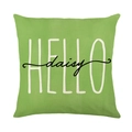 Green linen throw pillow cover featuring white Hello Daisy floral print design - HELLO daisy Green Style (YMD196-14)