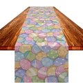 Macro shot of faux linen Easter table runner featuring colorful eggs on dark wood table - 33*183cm / Perspective Easter Eggs All-over Print (ZQ09-16)