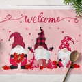 Set de table rose pour la Saint-Valentin avec trois gnomes, roses et texte LOVE - Coton et lin / Style Base Rose Gnome Welcome Love (CD15-24)