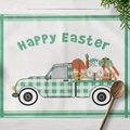 Oster Tischset mit Happy Easter Text und grünem Vintage Truck mit Hase und bunten Eiern - Karo LKW Eier Muster (CD16-3) / 30x45cm Baumwollleinen